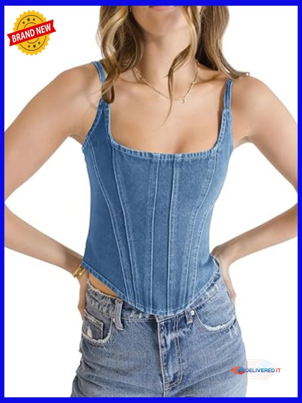 Sleeveless Denim Corset Crop Top with Zipper Back